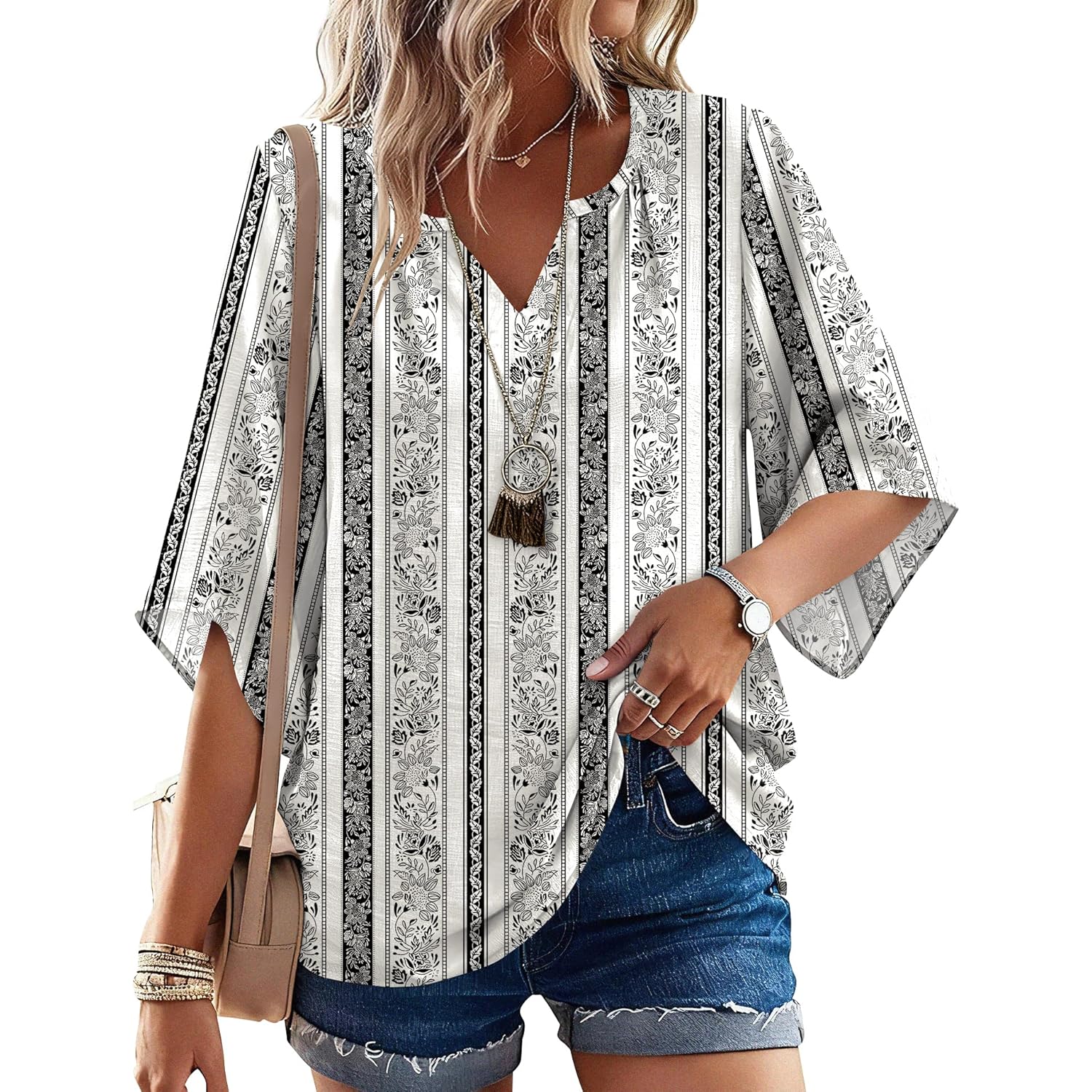 Women's Boho V-Neck Tunic Top Multicolor Black