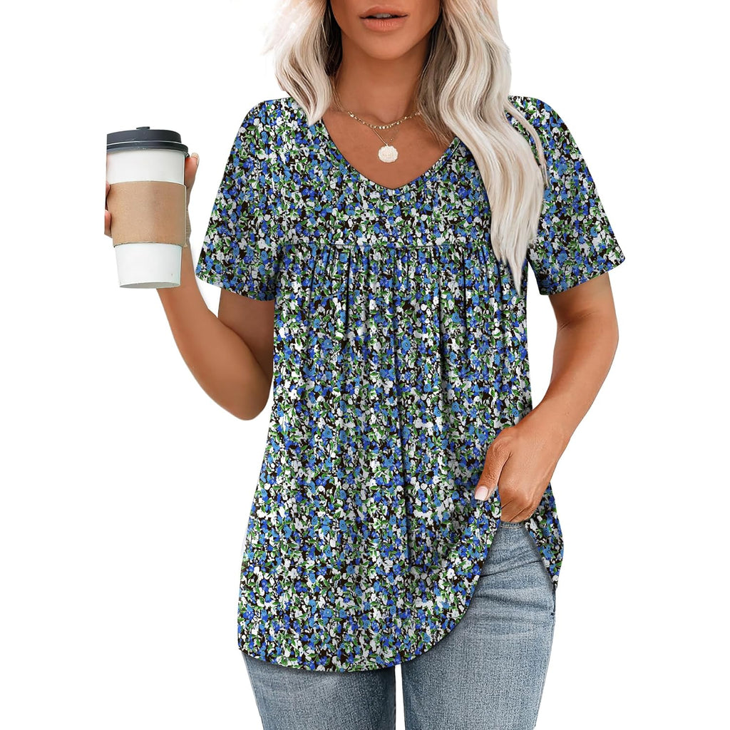 Women's Pleated V-Neck Tunic Top Floral Blue