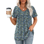 Women's Pleated V-Neck Tunic Top Floral Blue
