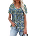 Women's Pleated V-Neck Tunic Top Floral Blue