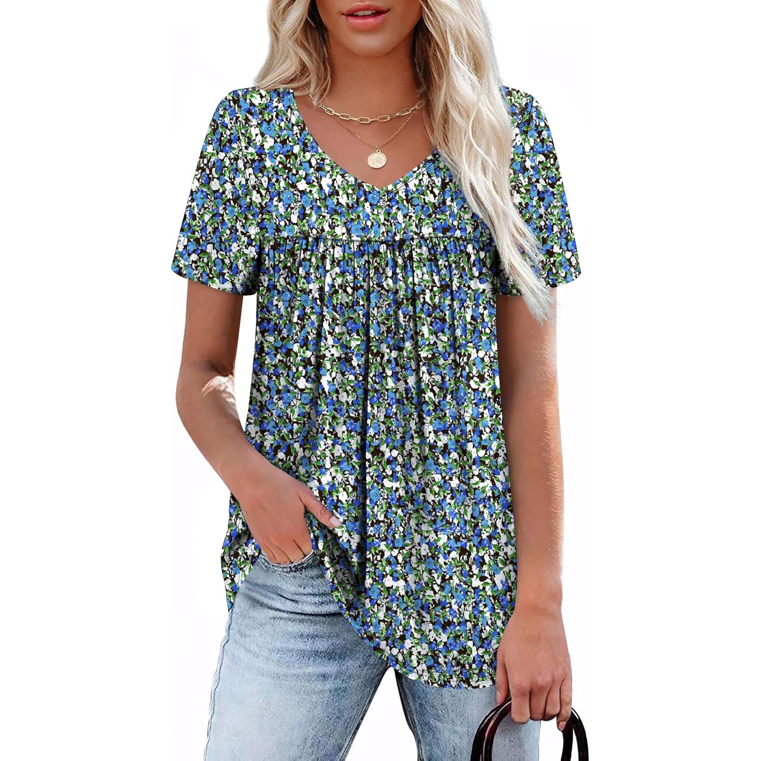 Women's Pleated V-Neck Tunic Top Floral Blue