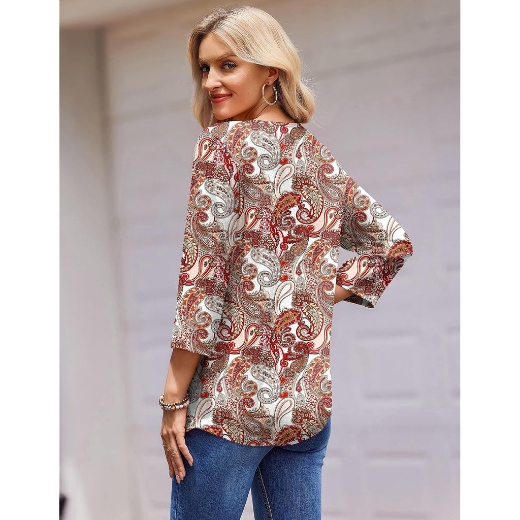 Zeagoo 3/4 Length Sleeve Womens Tops Round Neck Casual Summer Tunic Tops Basic Tees Blouses Dressy T-Shirts Pleated Shirts