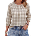 Women's Pleated Crew Neck Tunic Top Beige Plaid
