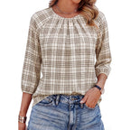 Women's Pleated Crew Neck Tunic Top Beige Plaid