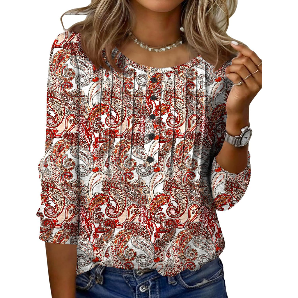 Zeagoo 3/4 Length Sleeve Womens Tops Round Neck Casual Summer Tunic Tops Basic Tees Blouses Dressy T-Shirts Pleated Shirts