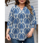 Women's Pleated V-Neck Tunic Top Blue/White Porcelain