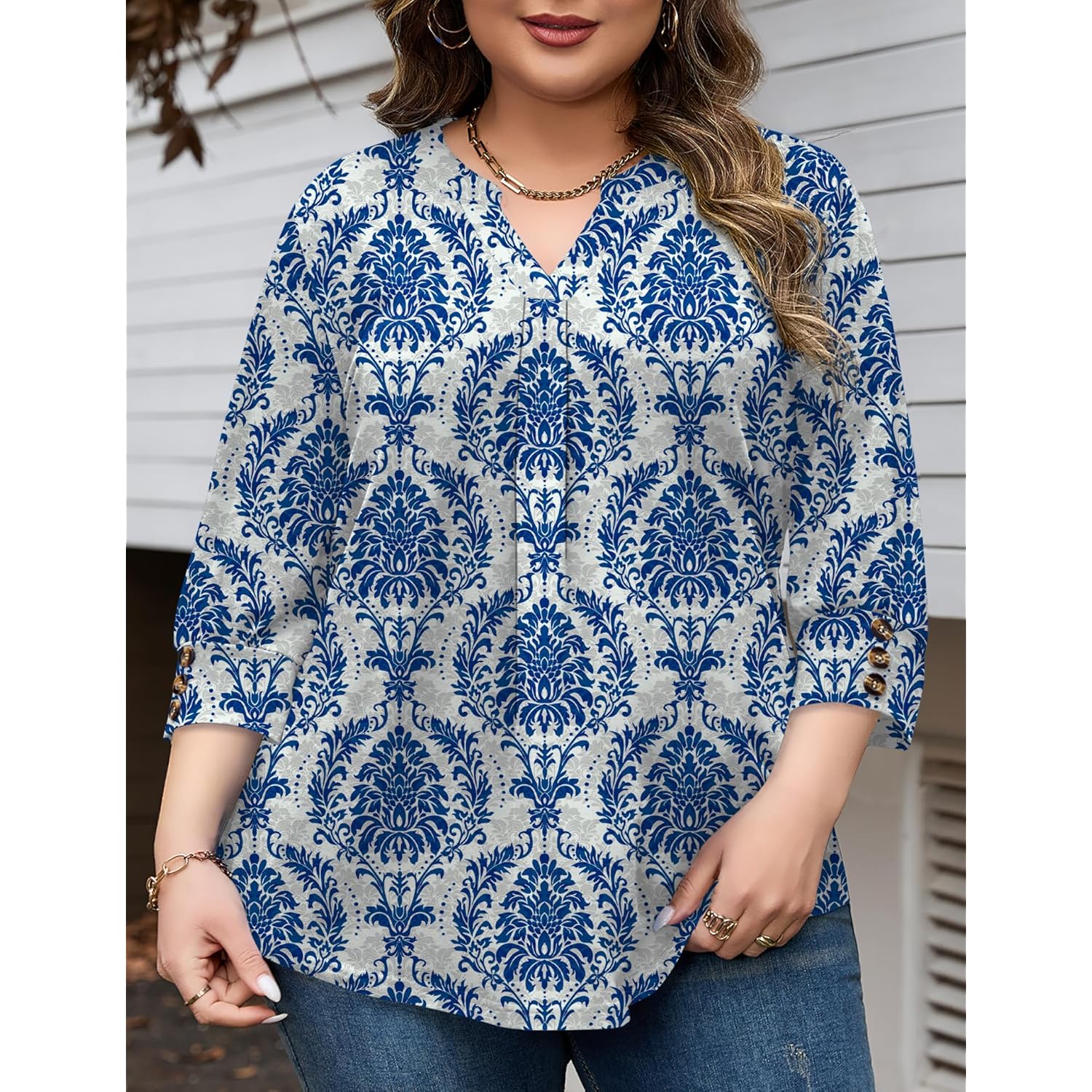 Women's Pleated V-Neck Tunic Top Blue/White Porcelain