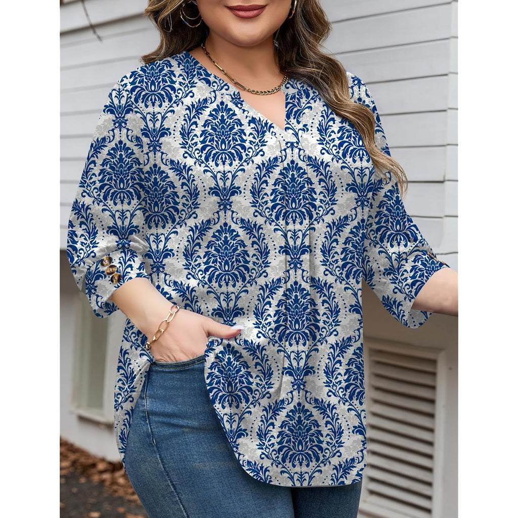 Women's Pleated V-Neck Tunic Top Blue/White Porcelain