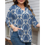 Women's Pleated V-Neck Tunic Top Blue/White Porcelain