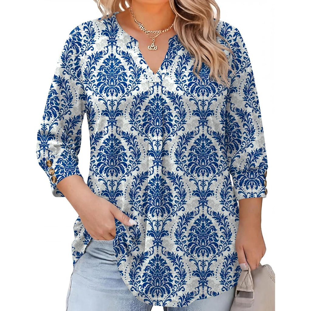 Women's Pleated V-Neck Tunic Top Blue/White Porcelain
