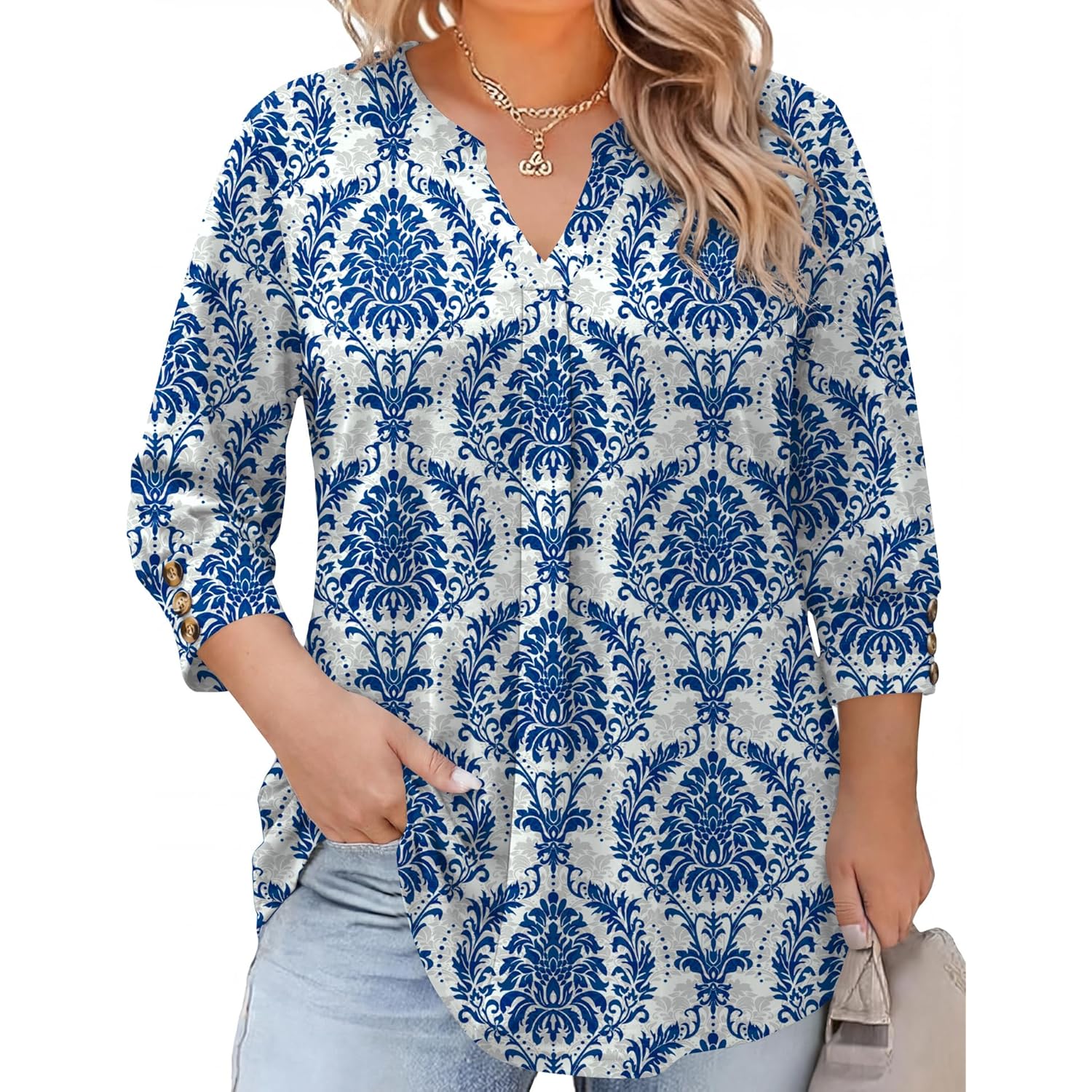 Women's Pleated V-Neck Tunic Top Blue/White Porcelain
