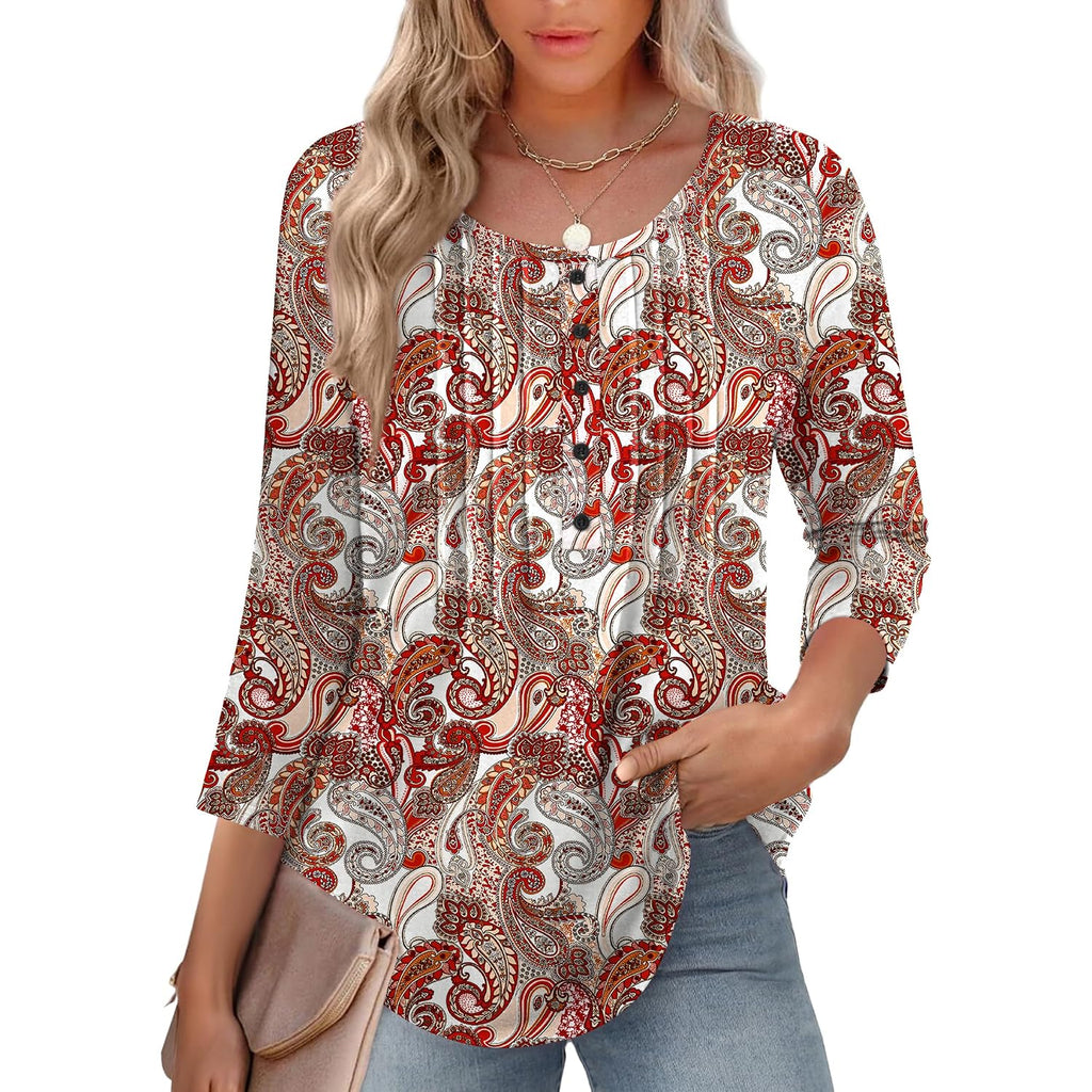 Zeagoo 3/4 Length Sleeve Womens Tops Round Neck Casual Summer Tunic Tops Basic Tees Blouses Dressy T-Shirts Pleated Shirts