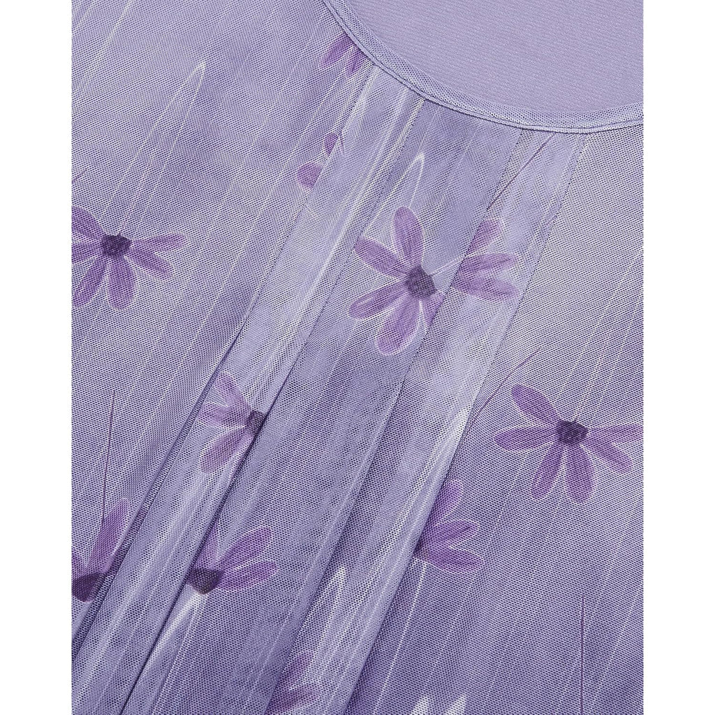Women's Mesh Pleated Floral Tunic Top Spring Purple