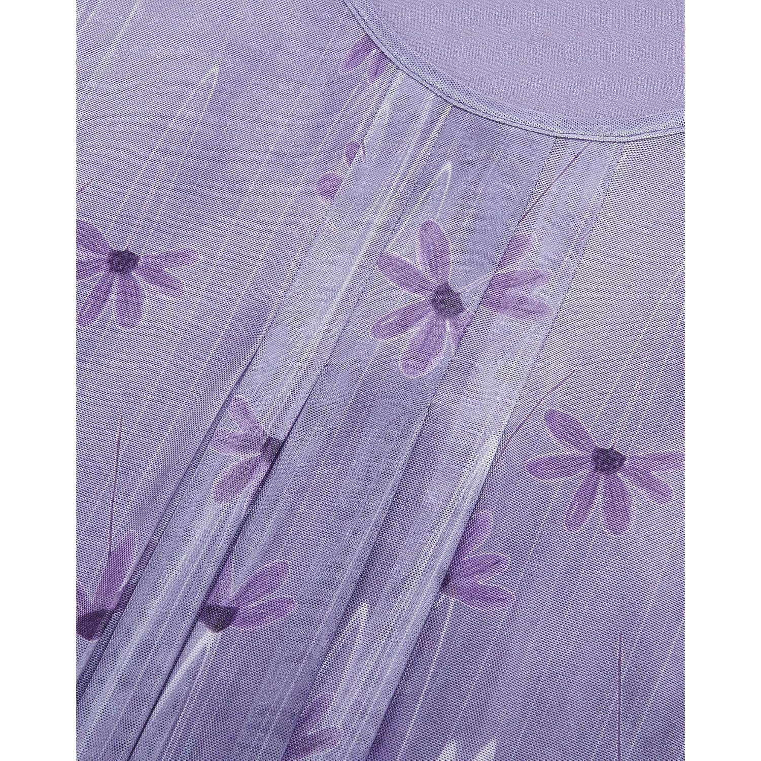 Women's Mesh Pleated Floral Tunic Top Spring Purple